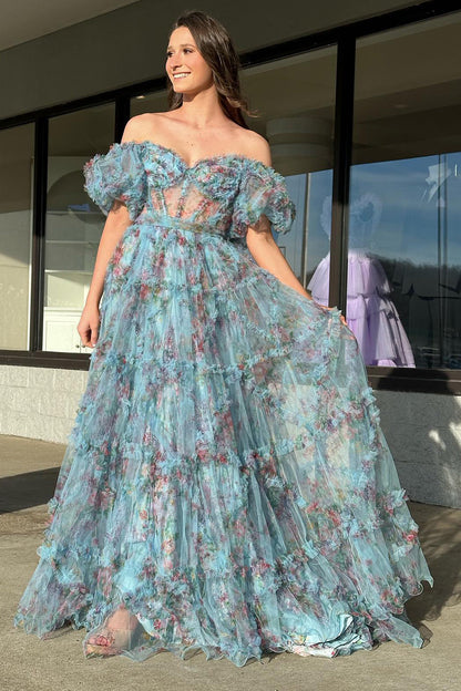 A Line Pink Green Flower Strapless Corset Tulle Long Prom Dress Off Shoulder