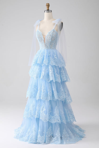 Spaghetti Straps Dark Blue Tiered Sequined Prom Dress with Appliques Sexy