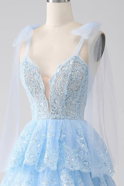 Spaghetti Straps Dark Blue Tiered Sequined Prom Dress with Appliques Sexy