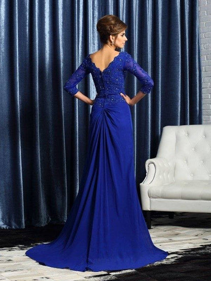 A-Line/Princess V-neck Applique 3/4 Sleeves Long Chiffon Mother of the Bride Dresses - RongMoon