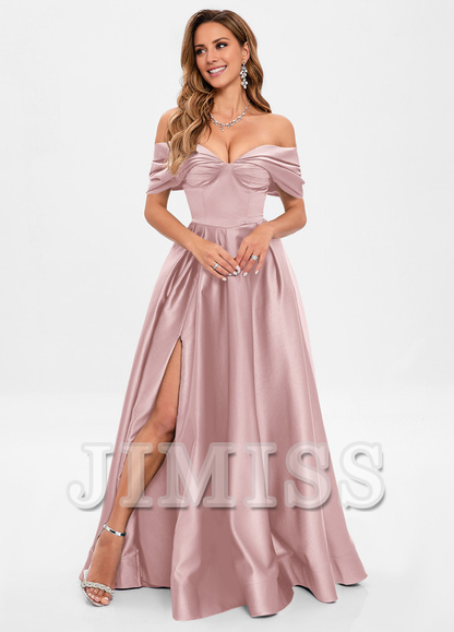 A-line pleated off-the-shoulder floor-length satin prom dress