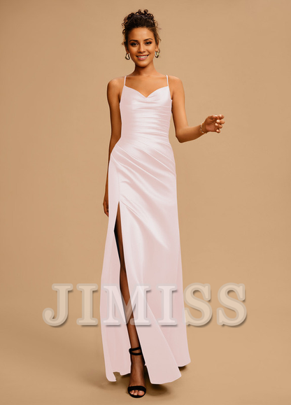 Bodycon/straight V-neck floor-length pleated satin prom dress