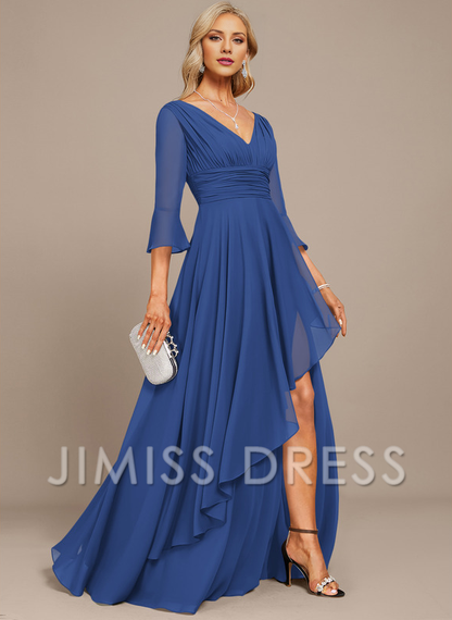 Jimiss A-line V-neck floor mopping chiffon strap with layered ruffles mother of the bride dress