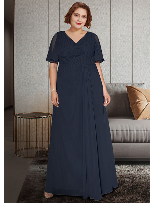 Mother of the Bride Dress Elegant Neck Ankle Length Chiffon Lace Half Sleeve with Lace