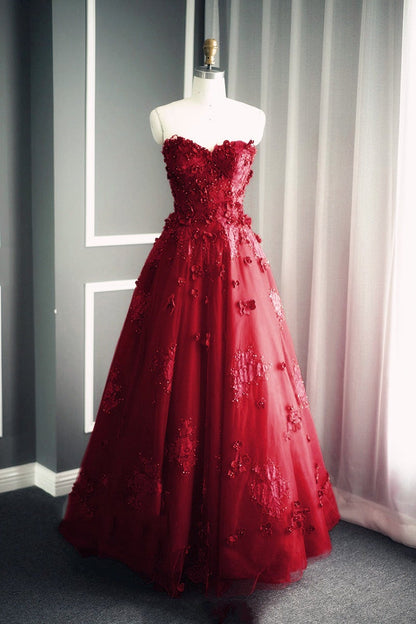A Line Floral Lace Beaded Sweetheart Tulle Evening Gowns Long Prom Dress