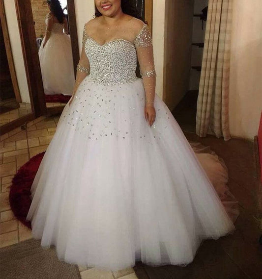 A Line Pearl And Crystal Beaded Long Sleeves Wedding Dresses