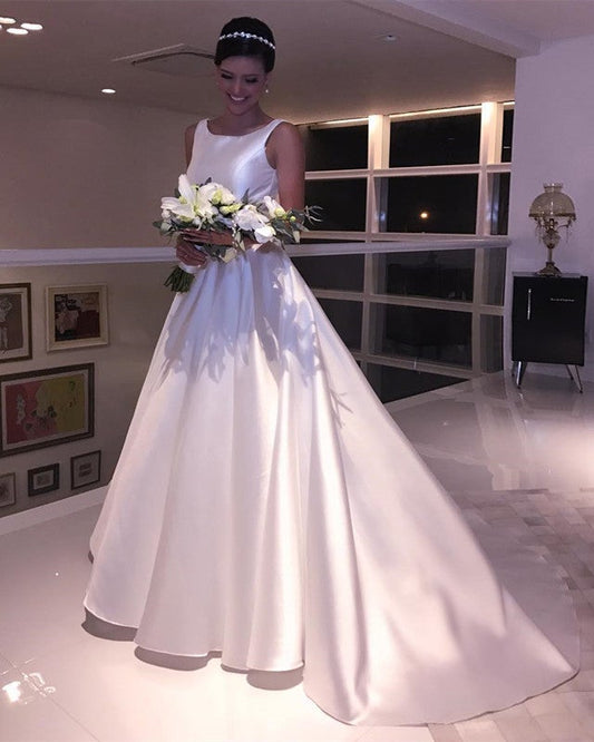 A Line Scoop Neck Bow Sashes Satin Wedding Dresses