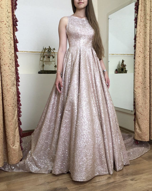 A Line Scoop Neckline Sweep Train Sequin Dresses