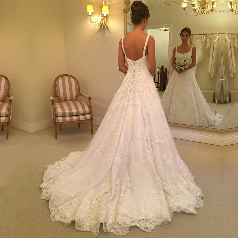 A Line Square Neck Lace Embroidery Wedding Gowns