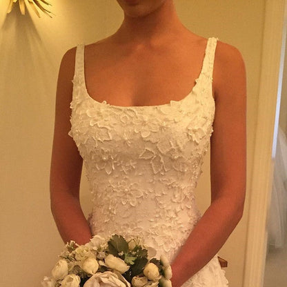 A Line Square Neck Lace Embroidery Wedding Gowns