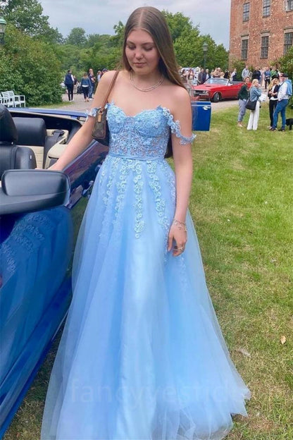 A Line Off the Shoulder Light Blue Lace Long Prom Dress, Light Blue Lace Formal Dress, Light Blue Evening Dress