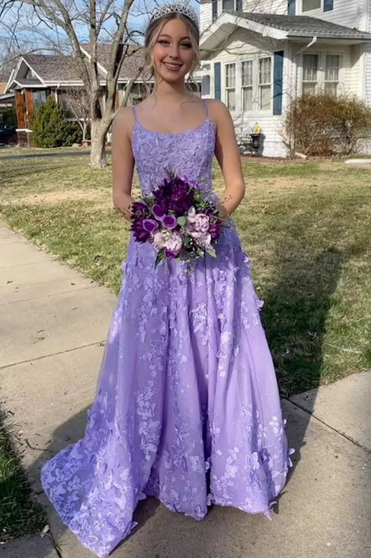 A Line Spaghetti Straps Open Back Purple Lace Long Prom Dress, Purple Lace Formal Dress, Lilac Evening Dress A2375