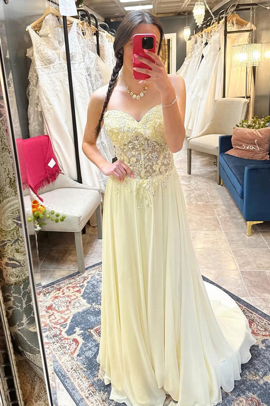 A Line Strapless Beaded Yellow Lace Long Prom Dress, Yellow Lace Formal Dress, Yellow Evening Dress with Beadings