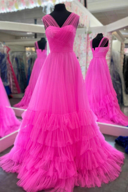 A Line V Neck Hot Pink Tulle Long Prom Dress, Long Hot Pink Formal Graduation Evening Dress