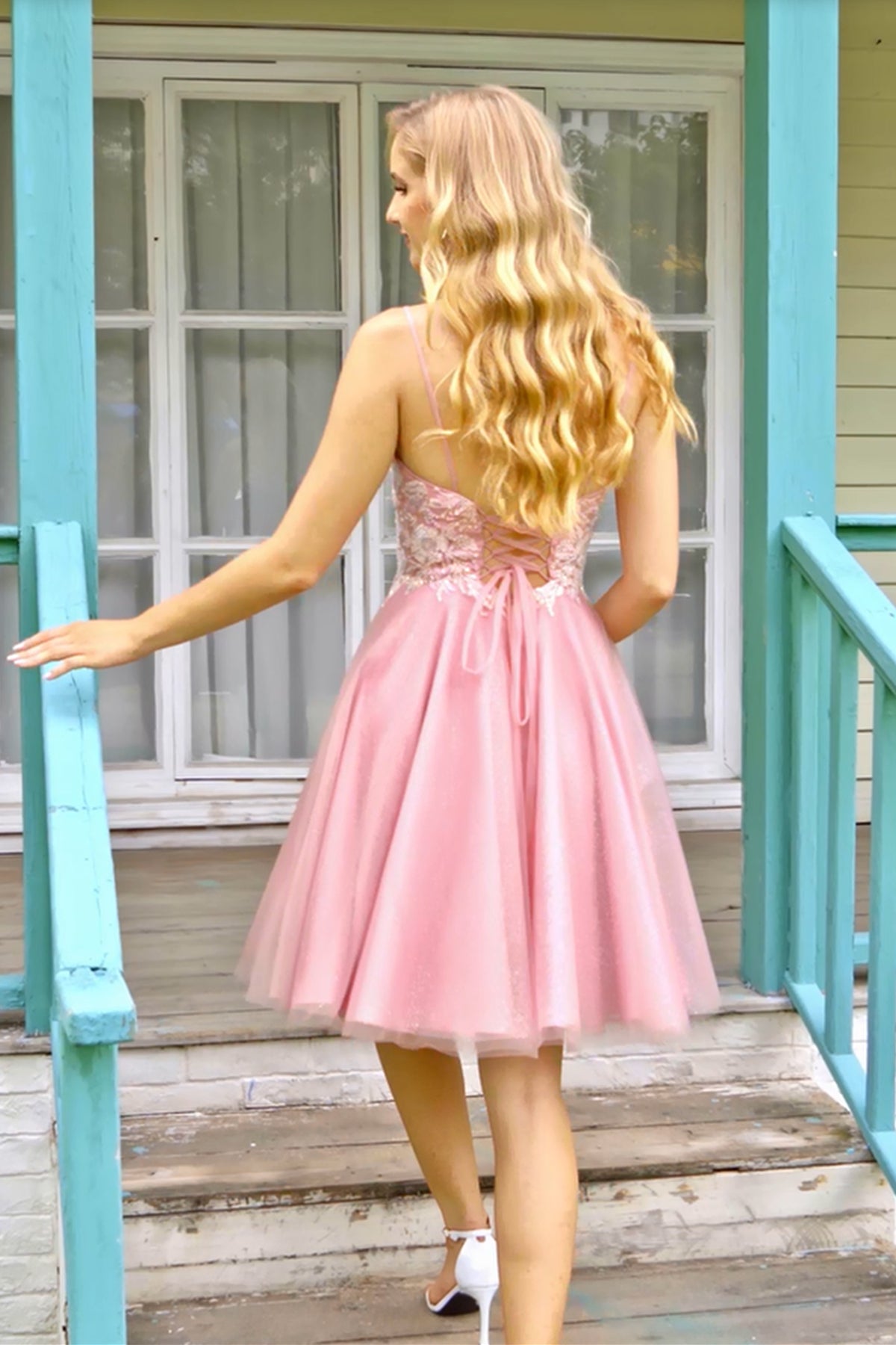 A Line V Neck Open Back Pink Lace Prom Dress, Short Pink Lace Homecoming Dress, Pink Formal Graduation Evening Dress A1641