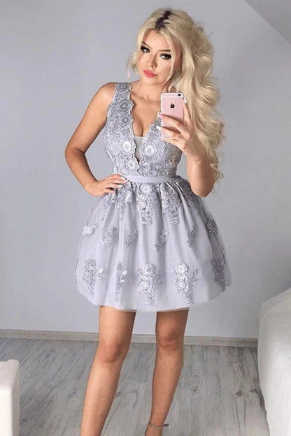 A Line V Neck Silver Gray Lace Appliques Short Prom Dress Homecoming Dress, Silver Gray Lace Formal Graduation Evening Dress