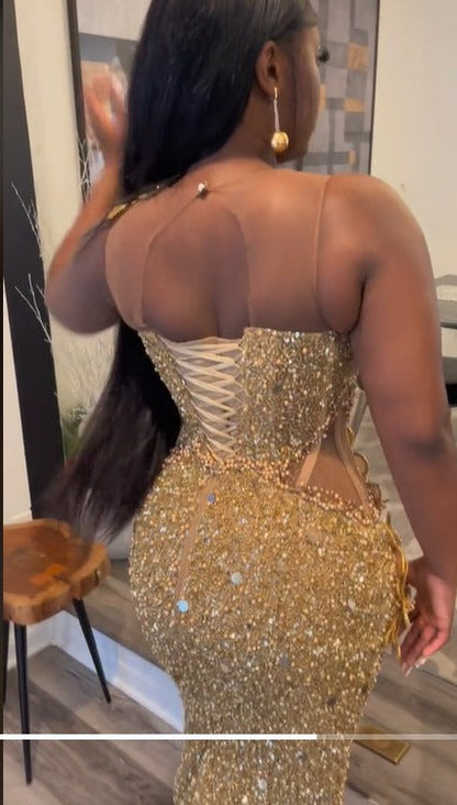 Long Mermaid Sequin Gold Sleeveless Lace-Up Prom Dresses