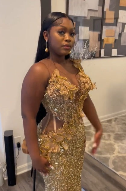 Long Mermaid Sequin Gold Sleeveless Lace-Up Prom Dresses