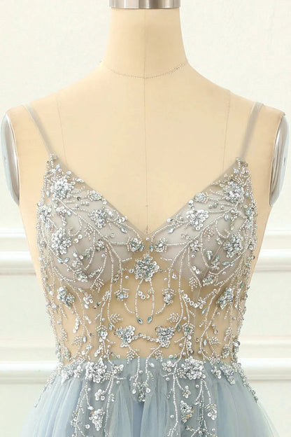 A-line Spaghetti Straps Long Prom Dress with Beading V-neck