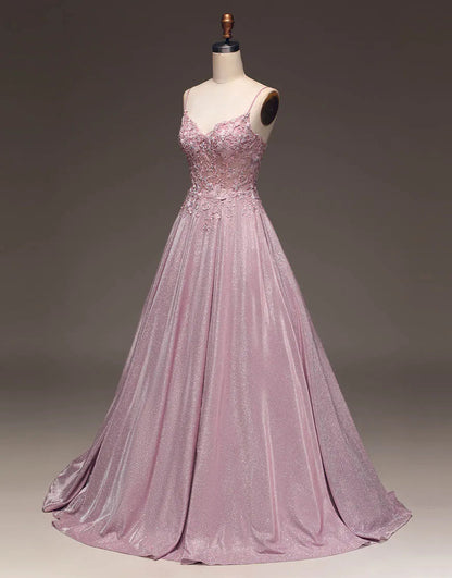 A-Line Spaghetti Straps Long Glitter Prom Dress V-neck Sparkly