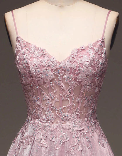 A-Line Spaghetti Straps Long Glitter Prom Dress V-neck Sparkly