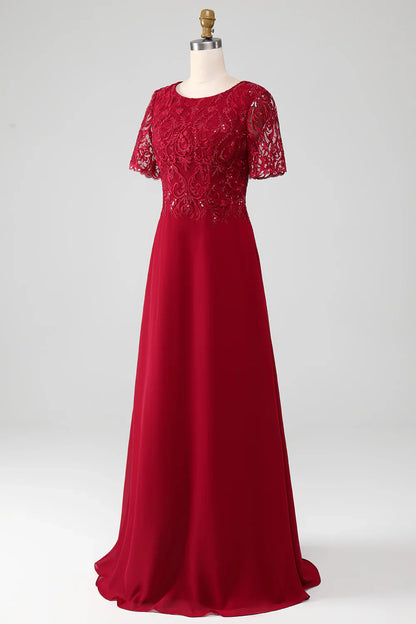 A Line Round Neck Sparkly Sequin Mother of Bride Dress With Appliques