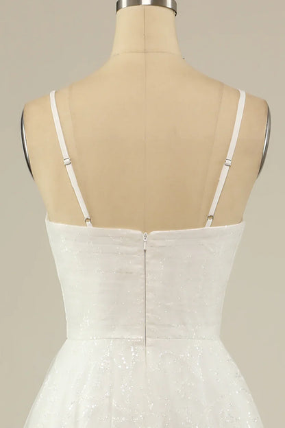A Line Spaghetti Straps White Tulle Party Dress Sparkle Wedding Dress