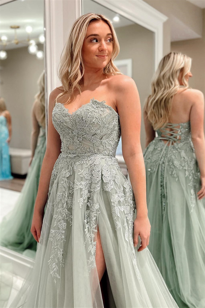 Charming A-Line Appliques Tulle Sexy Long Floor-Length Prom Dresses With Slit Beautiful