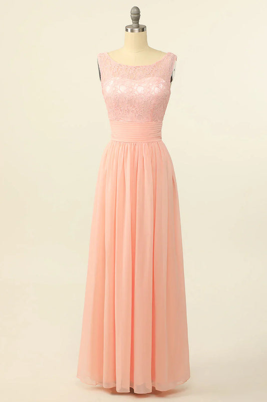 Pink long chiffon lace bridesmaid dress