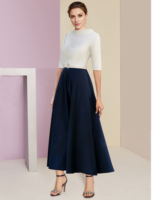 A-Line Mother of the Bride Dress Wedding Guest Elegant Vintage Jewelry Collar Tea Length Charmeuse Satin Half Sleeves with Ruffles Crystals