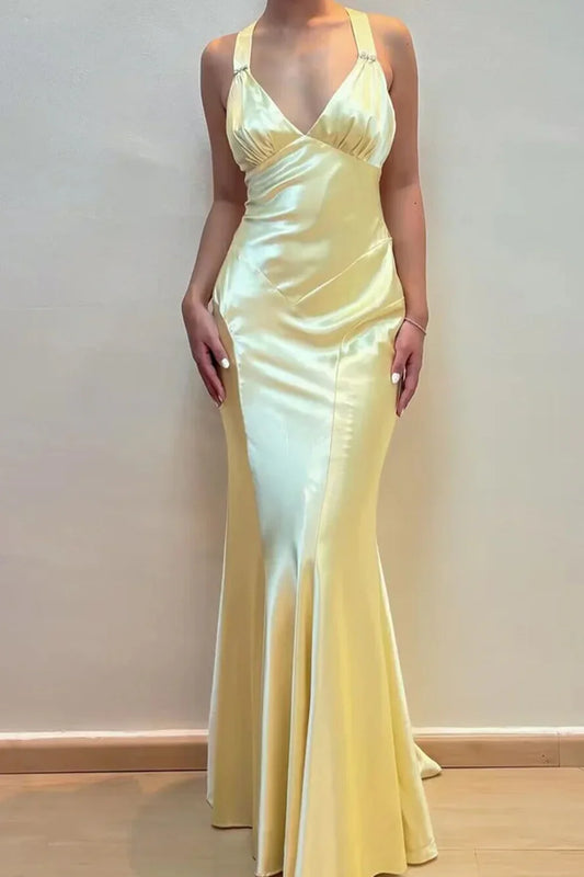Simple Sheath V Neck Yellow Long Backless Prom Dress  Sleeveless Party Dress ED01880