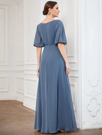Aimishang Chiffon Split Sleeve V-Neck Pleated Mother of the Bride Dress