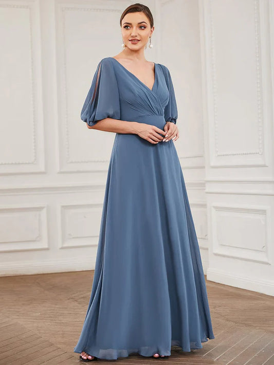 Aimishang Chiffon Split Sleeve V-Neck Pleated Mother of the Bride Dress