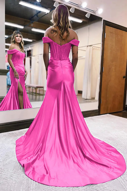 Mermaid Off The Shoulder Court Long Prom Dress With Split Charming Evening Dress