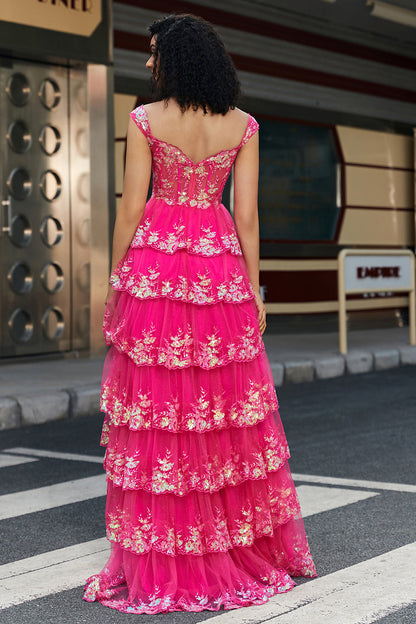 A-Line Off The Shoulder Sparkly Sequin Tiered Prom Dress Floor Length With Slit Sexy
