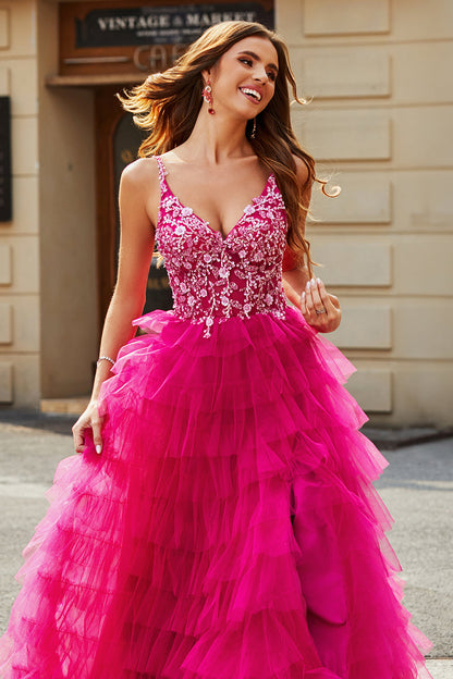Fuchsia A-Line Spaghetti Straps Tiered Long Prom Dress With Slit V-neck Sexy
