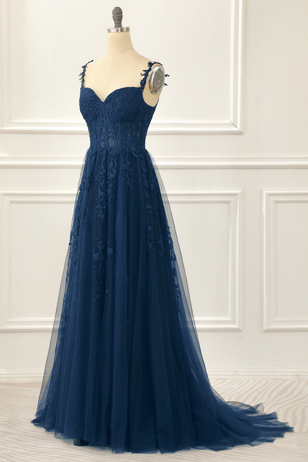 Navy Tulle A Line Corset Prom Dress With Appliques Floor Length Beautiful