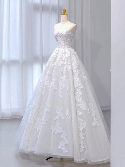 A-Line Tulle Lace ivory Long Prom Dress Formal Dress Off Shoulder Wedding Dress