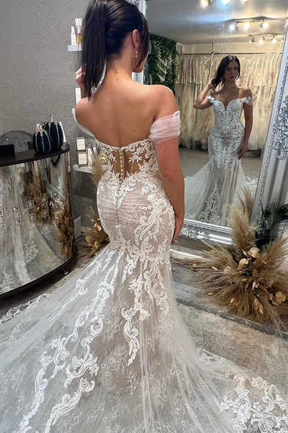 Mermaid Off the Shoulder Lace Wedding Dresses with Train Floor Length Beautiful
