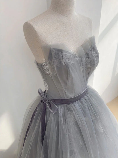 Gray tulle lace long prom dress sweet 16 dress A Line Off Shoulder december wedding guest dress