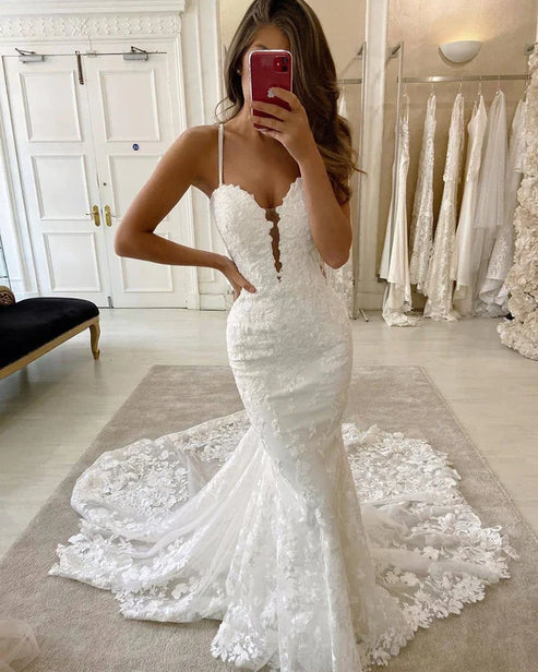 Mermaid Lace White Wedding Dresses Spaghetti Straps Sexy Beautiful