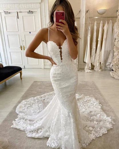 Mermaid Lace White Wedding Dresses Spaghetti Straps Sexy Beautiful