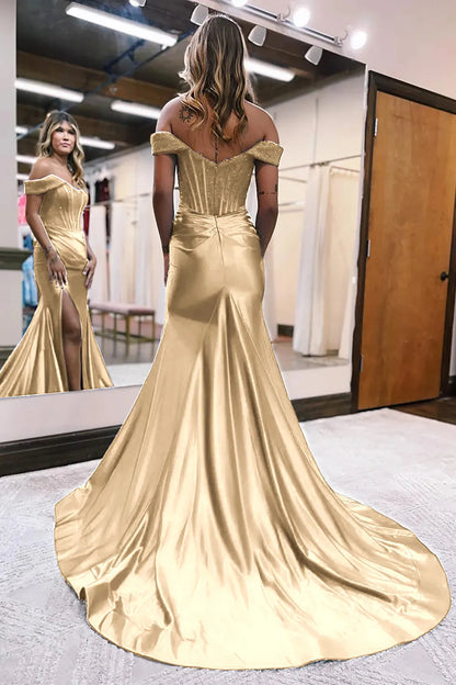 Mermaid Off The Shoulder Court Long Prom Dress With Split Charming Evening Dress