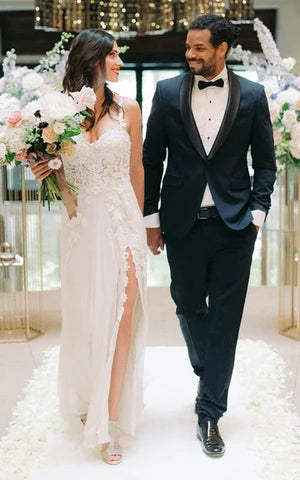Spaghetti A-Line Lace Bohemian Wedding Dress With Open Back And Split Front Sexy