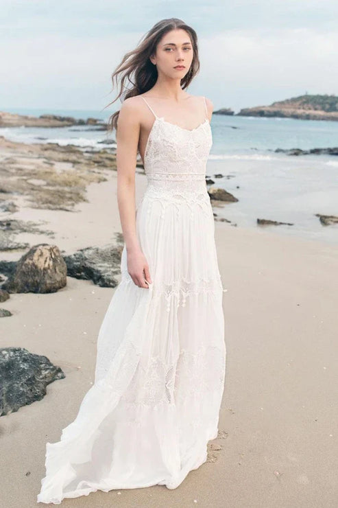 Spaghetti Sleeveless Chiffon Beach Boho Wedding Dress Open Back Elegant