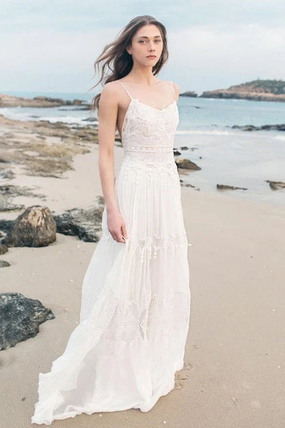 Spaghetti Sleeveless Chiffon Beach Boho Wedding Dress Open Back Elegant