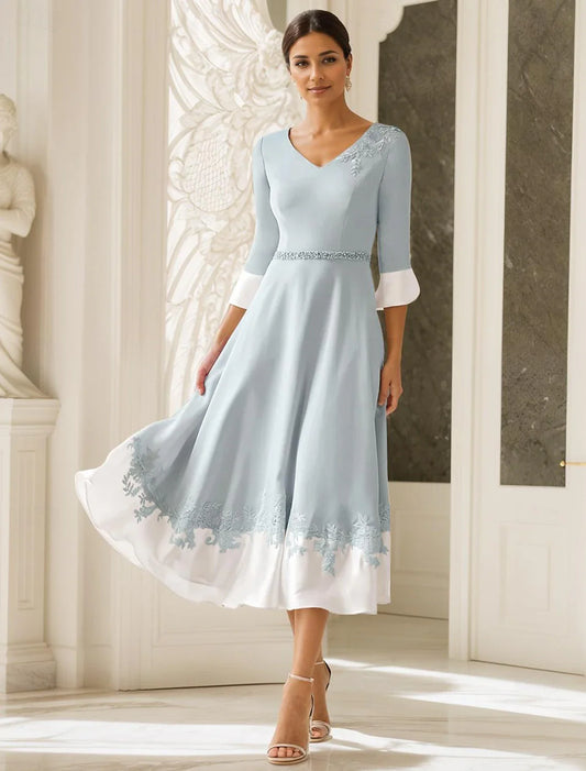 Aimishang A-Line V Neck Wedding Guest Mother of the Bride Dress Elegant Tea Length Half Sleeve with Appliques