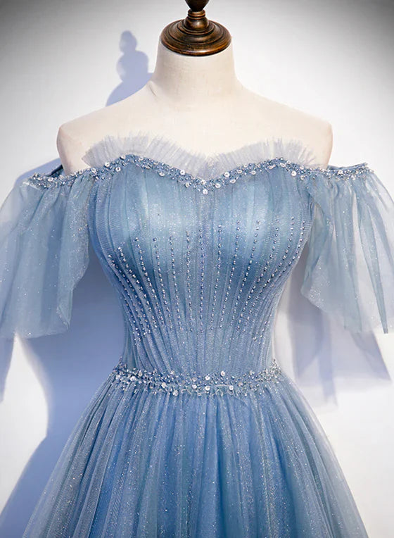 Charming Light Blue Tulle Puffy Sleeves Floor Length Party Dress A-line Pricess Gowns Prom Dress Sparkly