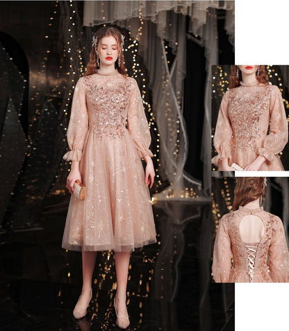 Glitter Long Sleeves A-line Homecoming Dresses Elegant Knee Length Short Prom Dress Sparkly