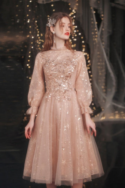 Glitter Long Sleeves A-line Homecoming Dresses Elegant Knee Length Short Prom Dress Sparkly